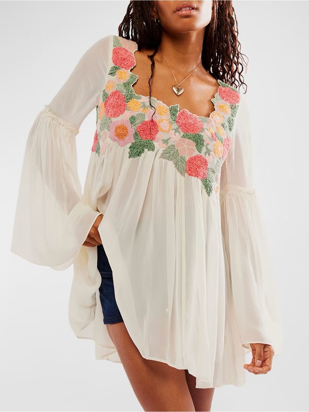 Free People Madeline embroidered Floral bell sleeve Tunic size XS/TP (runs full)
